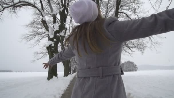 Vrouw spinnen in winter tree avenue — Stockvideo