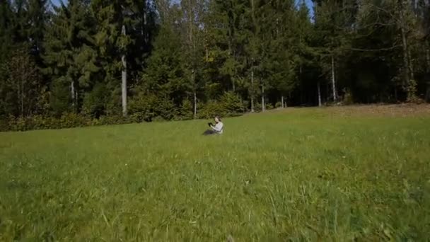 Ung kvinna på gräsmattan med hjälp av en digital tablet — Stockvideo