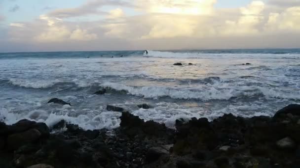 Ιππασία ένα κύμα surfers — Αρχείο Βίντεο