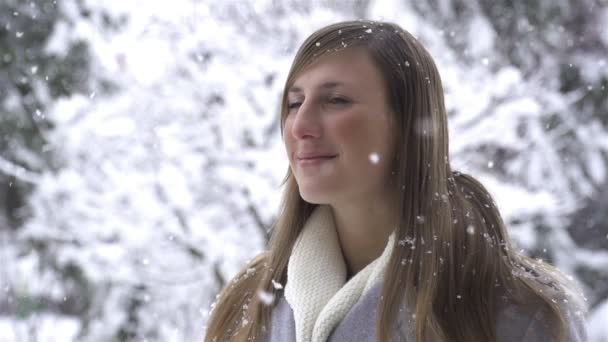 Mulher desfrutando no país das maravilhas inverno — Vídeo de Stock