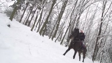 Woman and her horse cantering in fresh snow