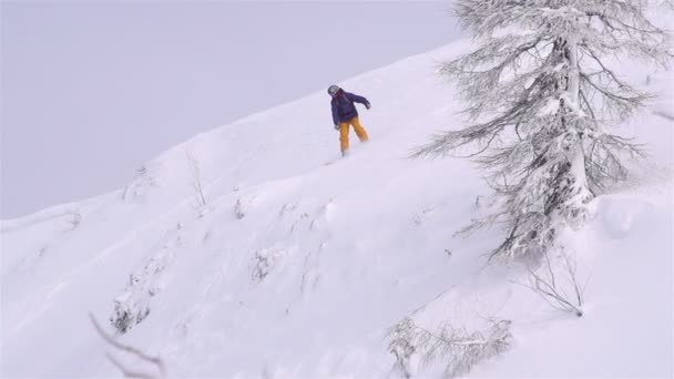 Snowboarder jumping over a cliff — Stock video