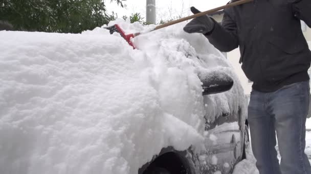 Quitar la nieve de un coche — Vídeos de Stock