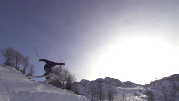 Freestyle skier jumping — Stock Video