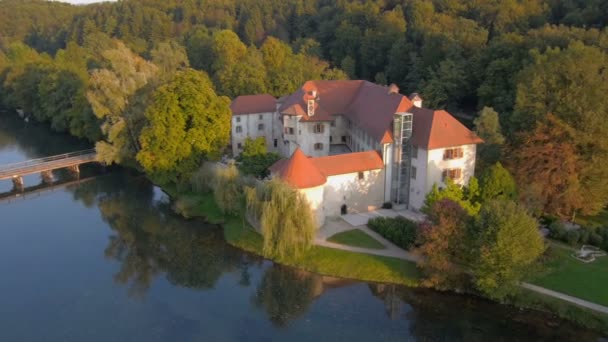 Schloss auf einer Insel im Fluss — Stockvideo