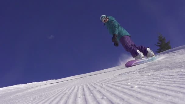 Snowboarder menina sprays neve — Vídeo de Stock