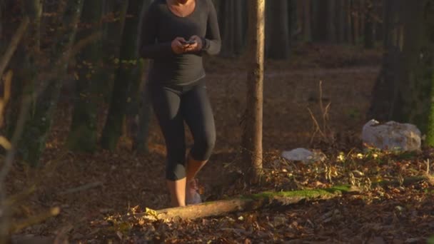 LOW MOTION: Jovem mulher mensagens de texto enquanto caminha na floresta viagens até em um log. — Vídeo de Stock