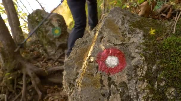 CLOSE UP: Red and white circles show way to unrecognizable hikers walking uphill — Stock Video