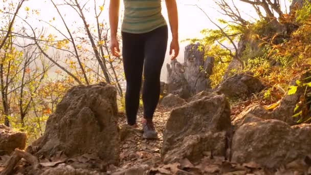 LOW ANGLE: Unerkannte Frau wandert bei goldenem Herbstsonnenaufgang einen felsigen Pfad hinauf. — Stockvideo