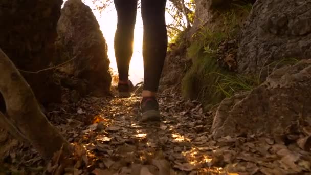 LENS FLARE: Caminhadas de mulheres irreconhecíveis ao longo de uma trilha nas montanhas iluminadas de ouro — Vídeo de Stock