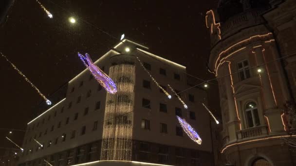 Galaxy and star inspired Christmas lights illuminate the dark city street. — 图库视频影像