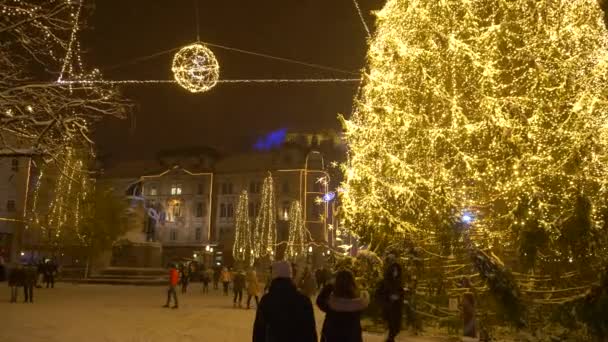 Turyści odkrywają bożonarodzeniowe ulice Lublany w szczycie grudnia — Wideo stockowe