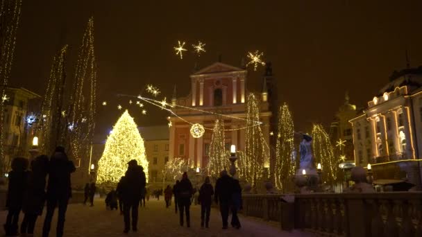 La gente esplora le affascinanti strade di Lubiana in una notte di festa a dicembre.. — Video Stock