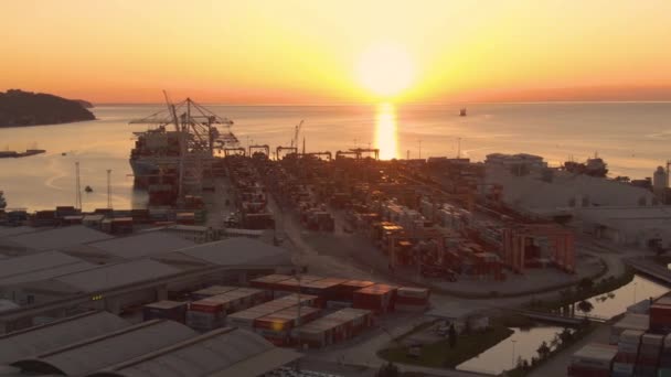 AERIAL: Spectacular drone view of the port of Koper on a beautiful sunny evening — Stockvideo