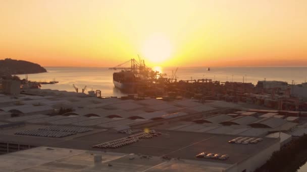 AERIAL: Złote wieczorne promienie słoneczne oświetlają terminal towarowy dużego portu. — Wideo stockowe