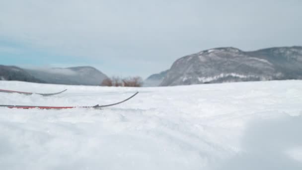 LOW ANGLE, DOF: Sportowa młoda kobieta trenuje narciarstwo nordic w wietrznym Bohinj. — Wideo stockowe