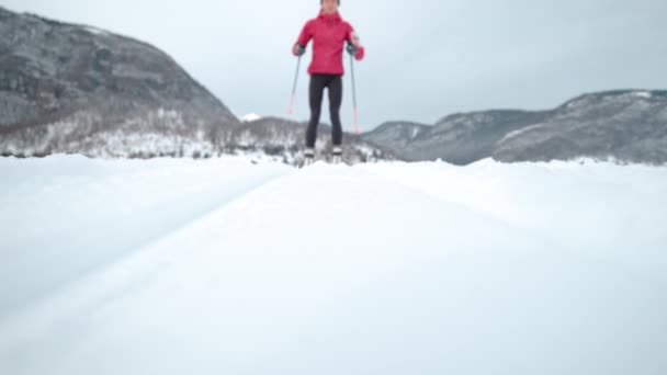 BAIXA ÂNGULO: Jovem mulher esqui nórdico na Eslovénia empurra-se ao longo das pistas — Vídeo de Stock