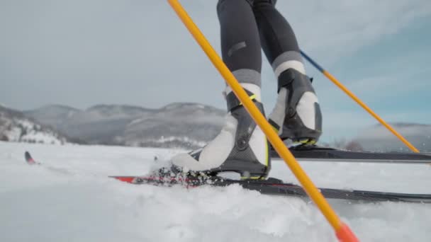 LOW ANGLE, DOF: Młoda kobieta przygotowuje się do olimpiady w narciarstwie skandynawskim. — Wideo stockowe