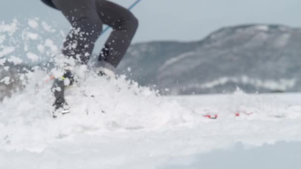 LOW Kąt: Kobieta narciarz skandynawski obraca się twardo i rozpyla mokry śnieg przed kamerą. — Wideo stockowe