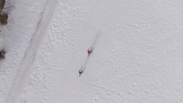 TOP DOWN: Voando acima de duas atletas do sexo feminino treinando esqui nórdico na Eslovênia. — Vídeo de Stock