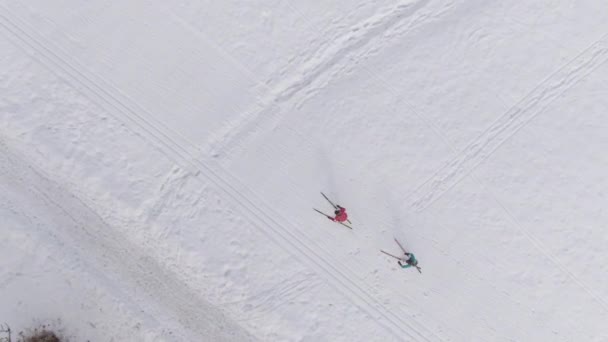 TOP DOWN: Esquiadores nórdicos profesionales entrenan en el centro nevado de Eslovenia. — Vídeo de stock