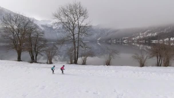 AERIAL: Esquiadores nórdicos profesionales entrenan en un centro de formación escénico en Eslovenia. — Vídeo de stock