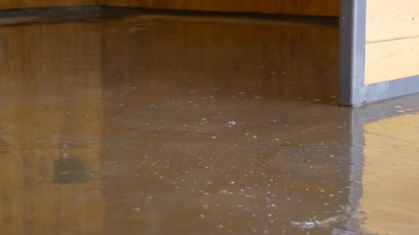 CLOSE UP: Unrecognizable person uses a straw broom to sweep the flooded floor. — Stockvideo