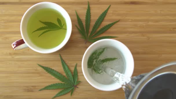 TOP DOWN : De l'eau chaude est versée sur une feuille de marijuana dans une tasse de thé blanche. — Video