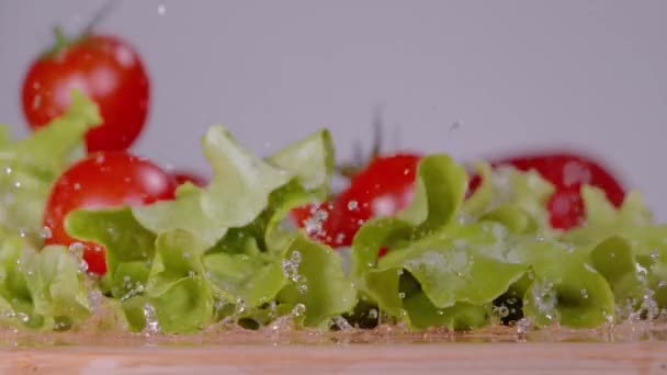 MACRO DOF: Pomodori puliti e foglie di lattuga romana atterrano sul piano di lavoro in legno — Video Stock