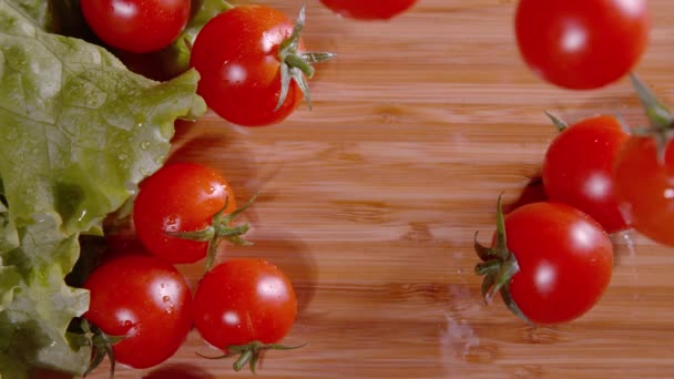 TOP DOWN: Gereinigte Salatzutaten aus biologischem Anbau landen auf der Küchentheke. — Stockvideo
