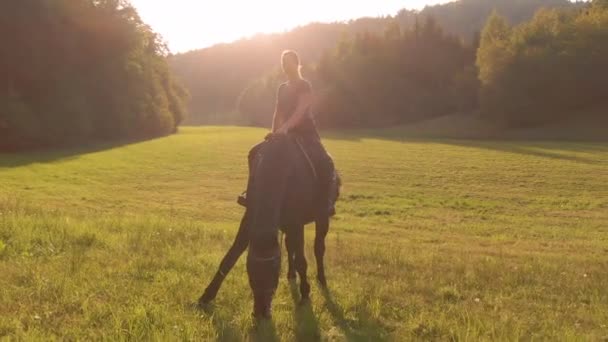 LENS FLARE : Une femme souriante est assise sur son cheval pendant qu'il broute au lever du soleil doré. — Video