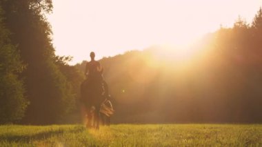 Dişi at binicisi gün batımında atlarını doğaya götürür..