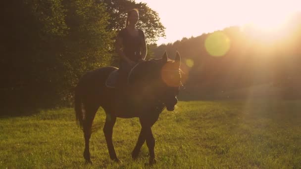 COPY SPACE: Leende kvinna sitter på sin häst medan det betar vid gyllene solnedgång. — Stockvideo