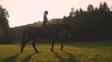 Genç bir kadın atıyla altın gün batımında güneşli bir çayırda yürüyor..