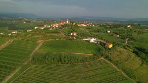 AERIAL: Cinematische luchtfoto van een bergdorp in een beroemd wijngebied. — Stockvideo