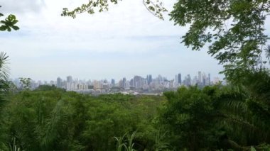 Panama şehrindeki modern gökdelenlerin panoramik manzarası bulutlu bir günde.
