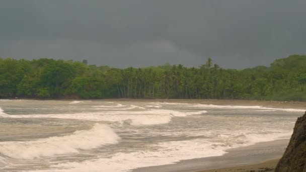 STILL SHOT: Tropikalna plaża w deszczową pogodę z błotnistą falą oceaniczną — Wideo stockowe