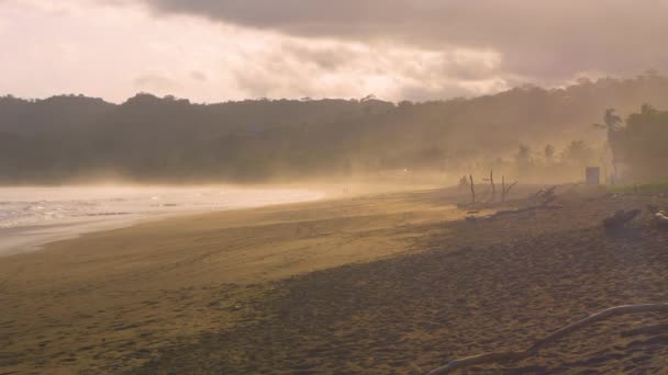 まだショット 雨季に悪化する天気の前に霧の熱帯の海のビーチ 風によって運ばれる暗い雲と海の湿度 海辺の熱帯低気圧の前に劇的な黄金の時間の光 — ストック動画