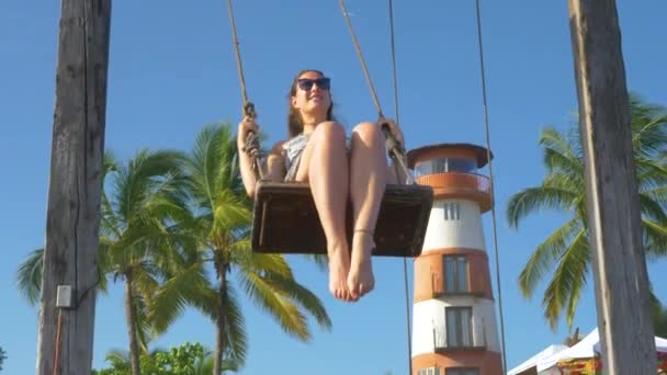 Slow Motion Smiling Young Woman Beach Swing Enjoying Summer Holiday — Stock Video