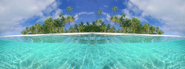 HALF UNDERWATER: Panoramic view of a tropical sandy beach and turquoise ocean. Breathtaking half underwater shot of jewel colored water surrounding a palm tree filled beach in sunny French Polynesia.