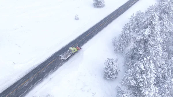 AERIAL: Snow ploughing truck cleans the country road leading through the evergreen forest during a whiteout. Flying above a snowplow clearing the asphalt road of fresh snow. Dangerous road conditions.