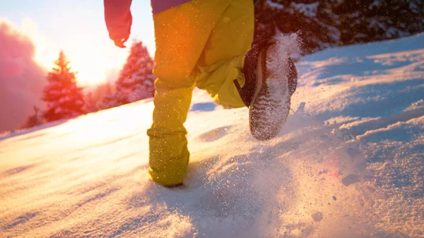 低角度 冷光闪烁着 无忧无虑的男性游客在日出时在新鲜的粉雪中奔跑 难以辨认的快乐男人享受着一个阳光灿烂的冬夜 在美丽的雪景中奔跑 — 图库照片