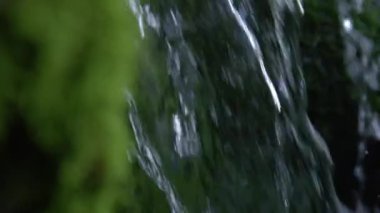 Glassy nehri suları yemyeşil yosunlarla kaplı kayaların yanından geçiyor. Yosunlu bir nehir yatağının detaylı görüntüsü ve sessiz bir ormanın göbeğindeki çağlayan bir derenin yanındaki zemin..