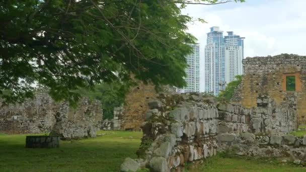 Forntida Murar Gamla Panama Viejo Står Pouly Framför Nya Centrala — Stockvideo