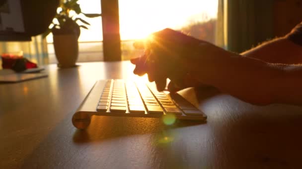 Trzin Slovenia 2022 遅い動き 閉じる 早朝にコンピュータのキーボードで動作し 入力する手 家のオフィスで指と無線キーボードを入力して輝く日の出の光線 — ストック動画