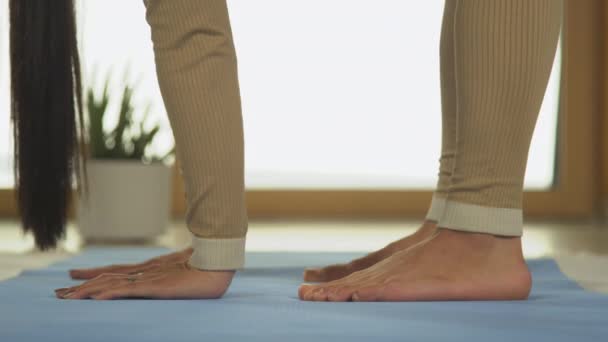 Sluiten Omhoog Jonge Vrouw Die Voorwaarts Buigt Yoga Oefent Stelt — Stockvideo