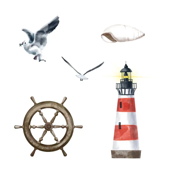 海景：海鸥、贝壳、灯塔和方向盘。白色背景上的孤立插图 — 图库照片
