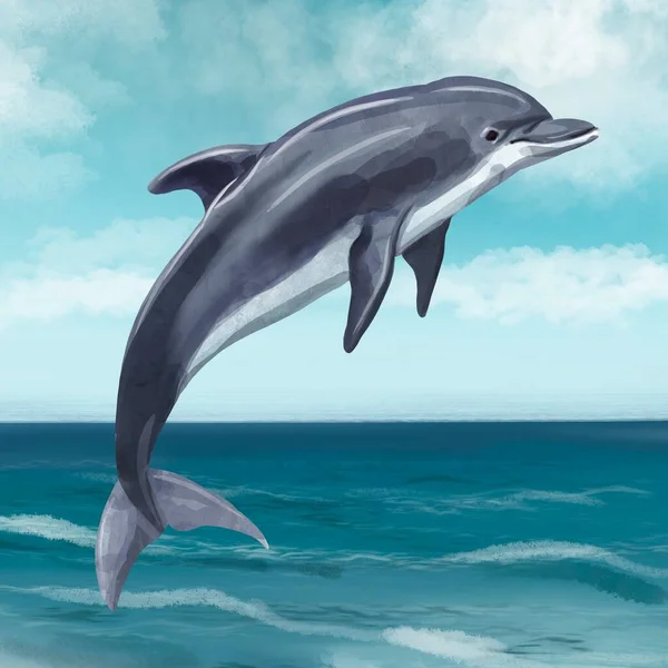 Ein Aquarell-Delfin springt aus dem Wasser. Anschauliche Illustration — Stockfoto