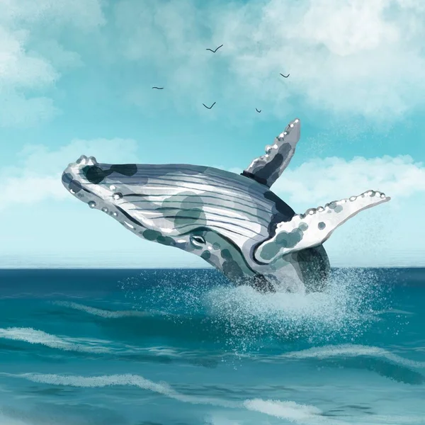 Een aquarelwalvis springt uit het water. Kleurrijke illustratie van een walvis — Stockfoto