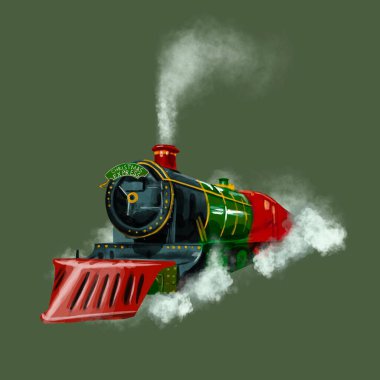 Suluboya Noel treni yeşil bir zeminde izole edilmiş.